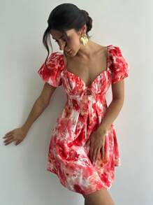 Firerie Women's Floral Print Pleated Bustier Sweetheart Neckline Mini Dress With Puff Sleeves, Perfect For Vacation Wear/Summer Clothes/Graduation Outfit/Holiday Outfits/ Ruffle Shorts/Wedding Guest Dress Women/ Church Outfits Women/Summer Outfits For Women - Multicolor - View 5