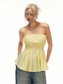 LYSMO 2025 Women's Pleated Slim Waist Ruched Back Slit Strapless Shirt Blouse,Pale Yellow Summer Elegant Brunch Minimalist Casual Style Vacation Date Top - Yellow - View 3