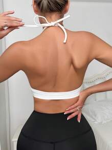 SHEIN 1 件女士无缝无钢圈薄衬里低胸聚拢文胸，带挂脖领，性感露背 - 白色 - 查看 2