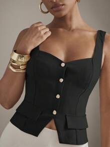 Hauture Women's Sweet Heart Neck Beige Tank Top With Fake Pockets And Front Gold Buttons
