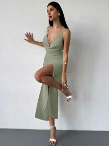 Firerie Women's Elegant Date, Vacation, Wedding Season Cross Back Slit Ruffle Draped Neck Sleeveless Metallic Accent Long Maxi Dress, Apricot - Mint Green - View 5