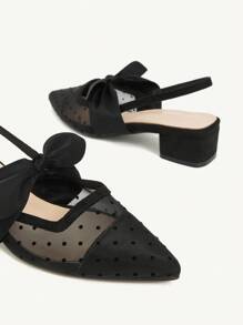 CUCCOO CHICEST Black Polka Dot Mesh Bow Design Flats, Sexy Elegant Lady Style Breathable Low Heel Backless Slip On Shoes
