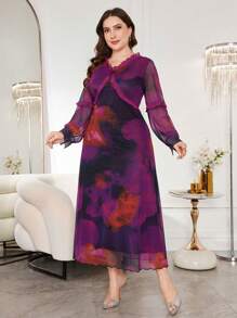 Modelyn Plus Size Elegant Vintage Romantic Tie-Dye Dress - Purple - View 7