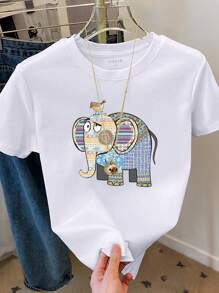 INAWLY Women's Regular Crew Neck Short Sleeve Casual T-Shirt With Elephant Print, Summer