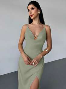 Firerie Women's Elegant Date, Vacation, Wedding Season Cross Back Slit Ruffle Draped Neck Sleeveless Metallic Accent Long Maxi Dress, Apricot - Mint Green - View 4