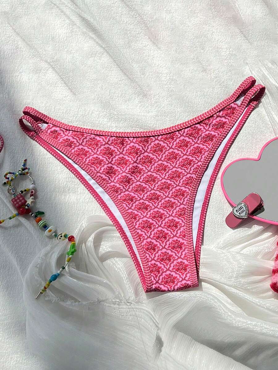 SHEIN Bikini hở lưng cao họa tiết hoa ngẫu nhiên thiết kế mới cho nữ, hoàn hảo cho kỳ nghỉ - Màu Hồng Tươi - Xem 1