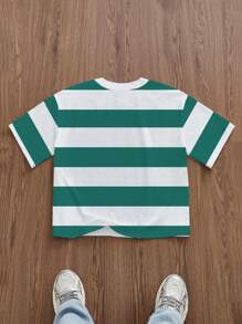 Manfinity VCAY 男士宽松撞色条纹字母印花短款T恤，街头风，夏季，校园，情侣装 - 彩色 - 查看 3