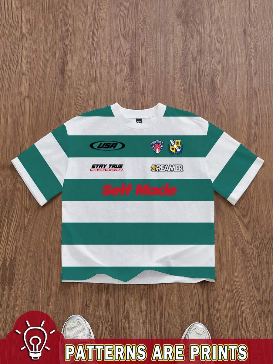 Manfinity VCAY 男士宽松撞色条纹字母印花短款T恤，街头风，夏季，校园，情侣装 - 彩色 - 查看 1