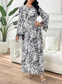 Yasmyna 女式几何印花领带喇叭袖阿拉伯风格长裙 - 黑與白 - 查看 5