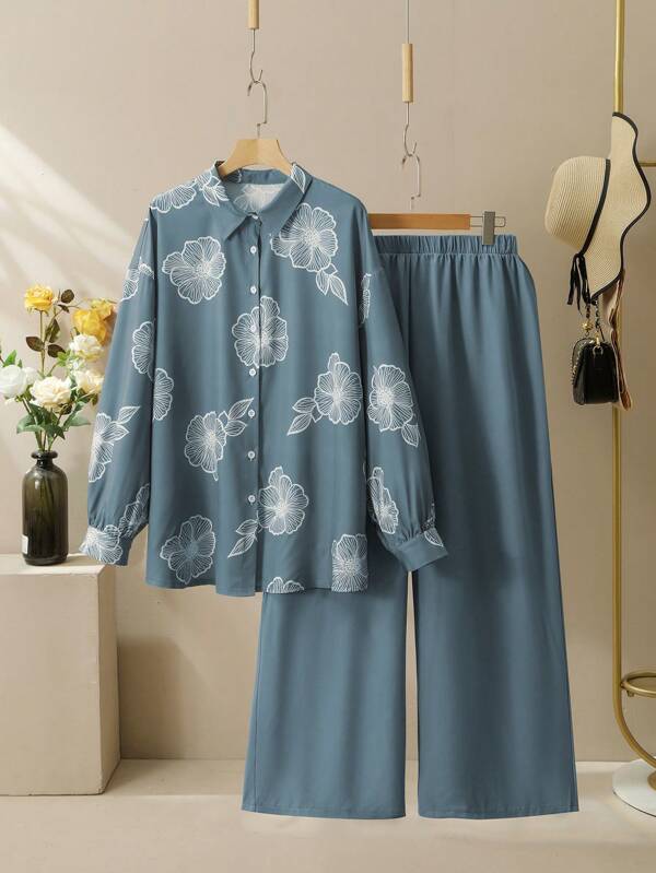 Lacomfia 2pcs/Set Plus Size Casual Printed Long Sleeve Loose Shirt And Elastic Waist Wide Leg Pants Set, Spring/Autumn