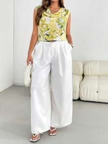 SHEIN Essnce 大码女士春夏时尚优雅宽松舒适凉爽日常百搭无袖领黄色印花衬衫，女式衬衫，简约风格，办公室装，职业女装，商务休闲女装，工作上衣，可爱上衣，女士早午餐装，欧洲夏季，奶油黄色上衣