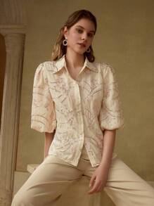 MOTF PREMIUM CONTRAST SEQUIN EMBROIDERY SHIRT - Pink - View 6