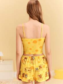 TOM & JERRY X SHEIN 女士黄色吊带背心和短裤睡衣套装，奶油黄色，图案睡衣套装，奶酪图案，卡通图案，居家，休闲，夏季