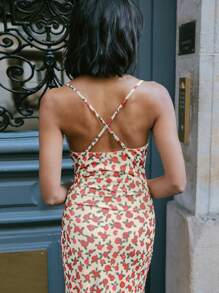 lacRébo Váy midi lưới họa tiết hoa mùa thu có cổ khoét sâu và dây chéo sau lưng, váy đi chơi mùa thu đông - Nhiều màu - Xem 2