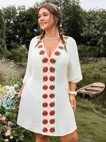 Swim Mod Plus Size Women's Single V-Neck Strawberry Embroidery Ruffle Casual Beach Cover-Up For Summer Beach Vacation - Apricot - View 1