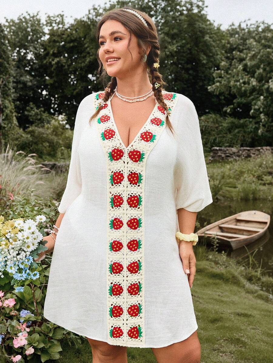 Swim Mod Plus Size Women's Single V-Neck Strawberry Embroidery Ruffle Casual Beach Cover-Up For Summer Beach Vacation - Apricot - View 1