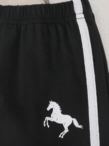 Set de 2 piezas para niños pequeños: Camisa de polo de manga corta con estampado de animales y caballos + Pantalones casuales de cintura elástica a rayas, de tela suave para deportes, correr, uso diario, nueva colección de verano.