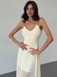 Aloruh Women's Sleeveless Dress, Solid Color, Elegant Summer Style - Apricot - View 2