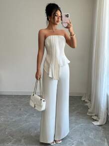 Chiquease Mono informal y elegante de color liso y asimétrico para mujer, atuendo totalmente blanco para primavera/verano