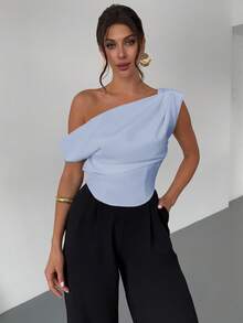 Firerie Elegant Minimalist Chic Romantic Women's Fashion Slim Fit One-Shoulder Ruched Cami Blouse, Suitable For Commute, Daily Wear, Vacation, Spring/Summer Blue - Blue - View 5