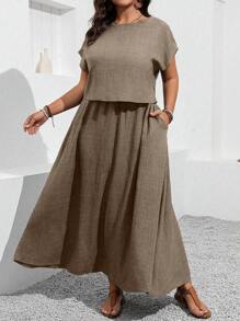 EMERY ROSE Plus Size 2pcs Set Solid Color Short Sleeve Top And Skirt - Coffee Brown - View 6