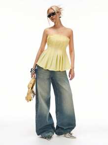 LYSMO 2025 Women's Pleated Slim Waist Ruched Back Slit Strapless Shirt Blouse,Pale Yellow Summer Elegant Brunch Minimalist Casual Style Vacation Date Top - Yellow - View 5