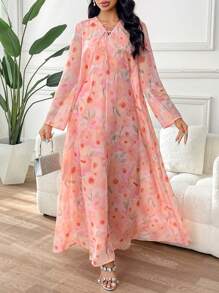 Yasmyna 女士花卉印花系带长袖优雅阿拉伯连衣裙，朴素的卡夫坦 - 彩色 - 查看 4