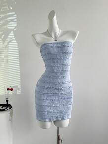 Sweetra Casual Knitted Ruffle Trim Bodycon Mini Dress With Open Back Tie-Up Detail, Light Blue, Spring/Summer