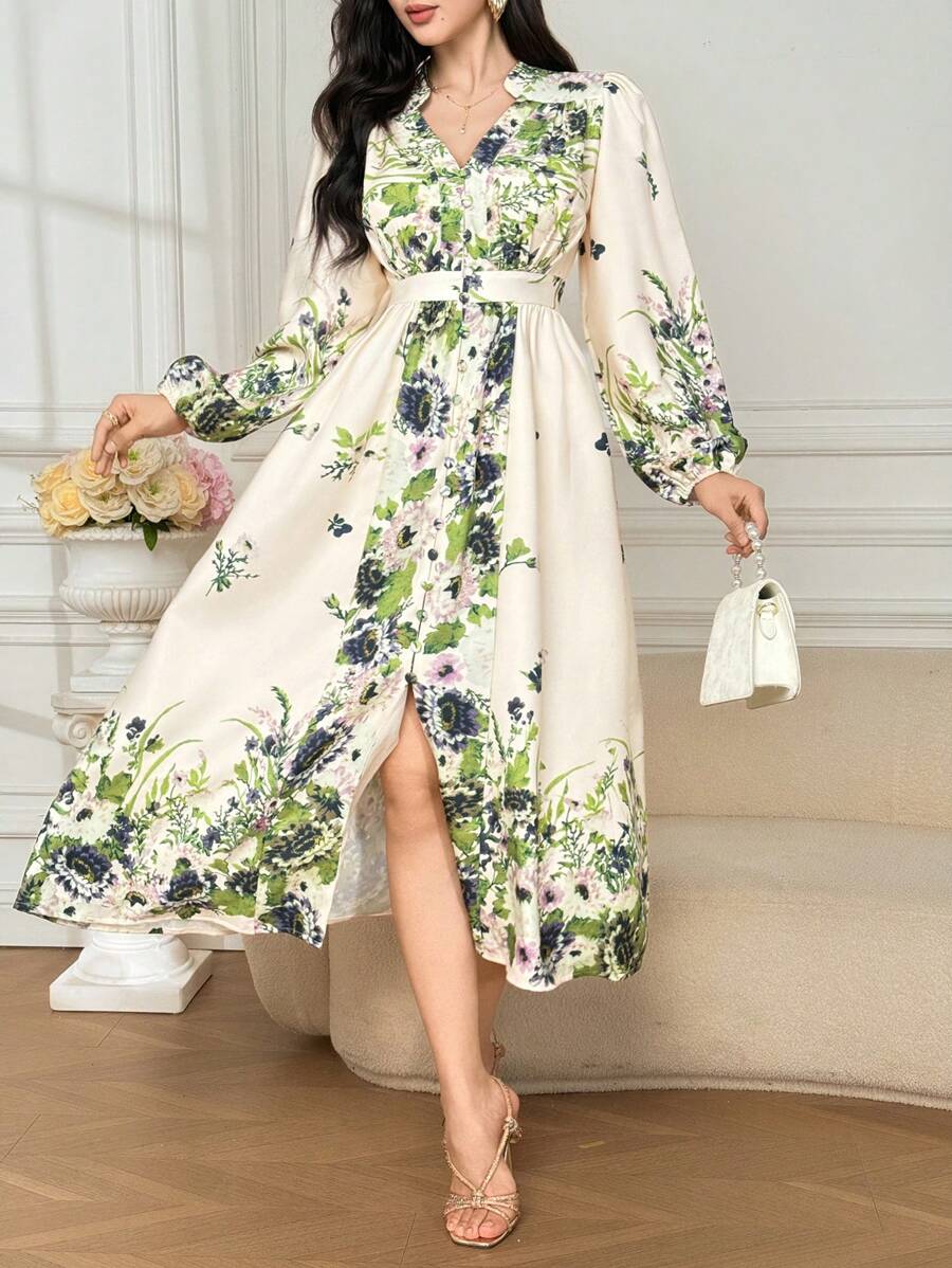DAZY 春秋季女士优雅碎花V领泡泡袖连衣裙长袖连衣裙及地长裙 - 米色 - 查看 1