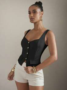 Hauture Women's Sweet Heart Neck Beige Tank Top With Fake Pockets And Front Gold Buttons