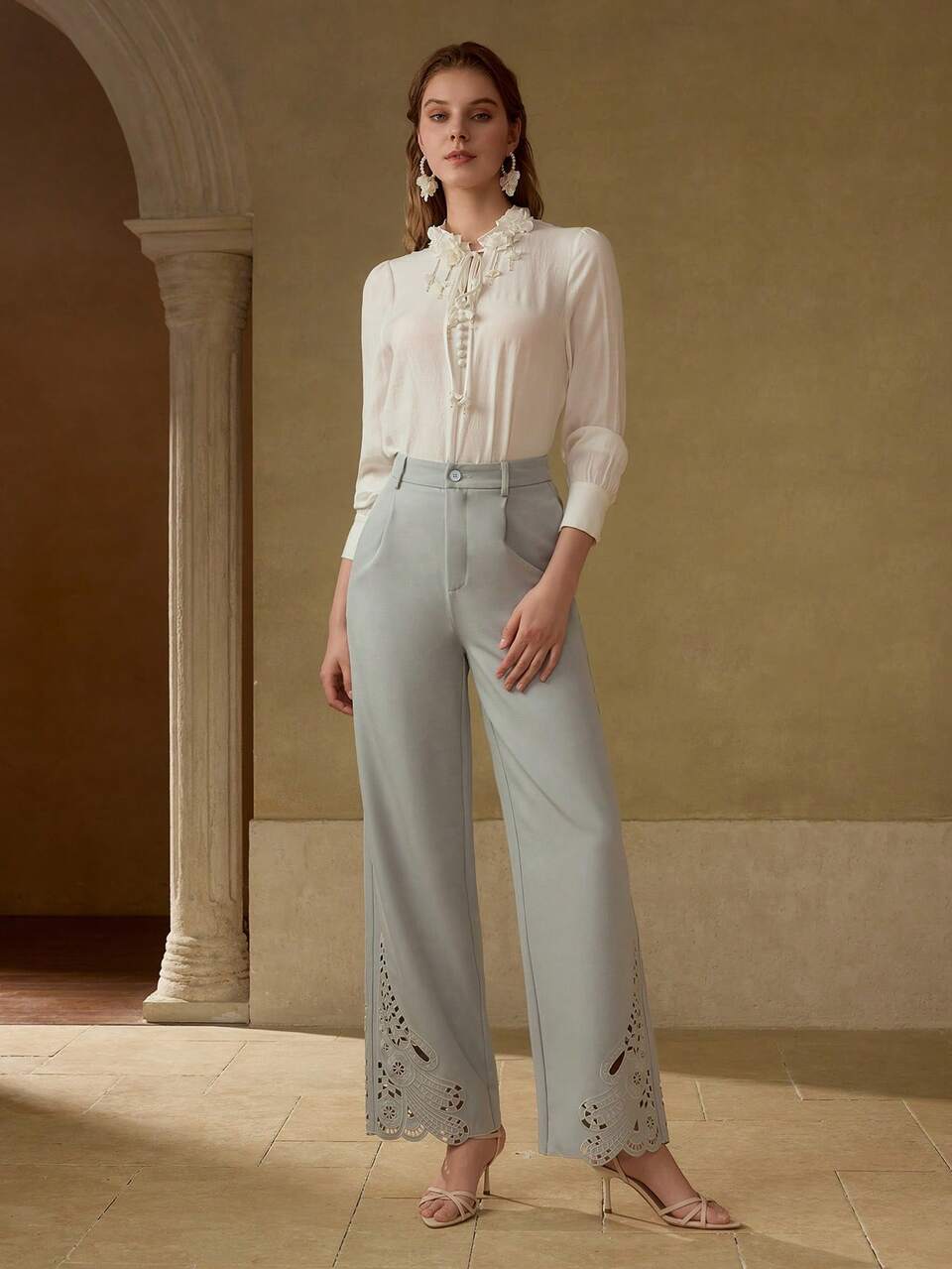 EMBROIDERY CUT OUT FOLD PLEATED PANTS