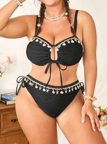 Swim Mod Plus Size Women's Ruffle Trim Halter Top With Detachable Strap & Matching Triangle Bottom Swimsuit Set, Vintage Beach Party Fashion For Summer Beach Vacation - Black - View 4