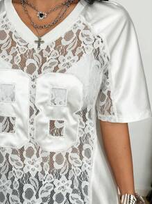Coolane 女款大尺碼夏秋街頭風外出海灘 Y2K Gyaru 賽事日蕾絲數字圖案拼接寬鬆白色球衣 T-shirt - 白色 - 查看 8