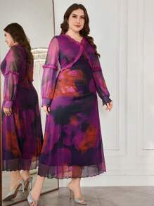 Modelyn Plus Size Elegant Vintage Romantic Tie-Dye Dress - Purple - View 5