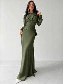 Firerie 女士优雅杏色缎面不对称下摆缎面半身裙 - 軍綠色 - 查看 1