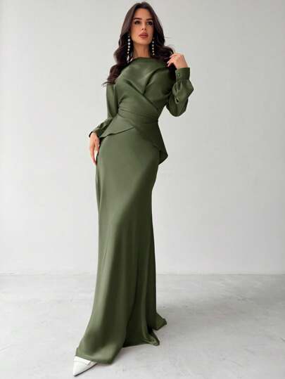 Firerie Women's Elegant Apricot Satin Asymmetric Hem Satin Skirt