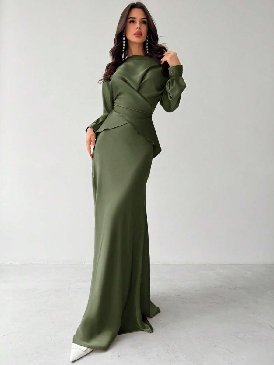 Firerie 女士优雅杏色缎面不对称下摆缎面半身裙 - 軍綠色 - 查看 1