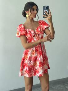 Firerie Women's Floral Print Pleated Bustier Sweetheart Neckline Mini Dress With Puff Sleeves, Perfect For Vacation Wear/Summer Clothes/Graduation Outfit/Holiday Outfits/ Ruffle Shorts/Wedding Guest Dress Women/ Church Outfits Women/Summer Outfits For Women - Multicolor - View 6