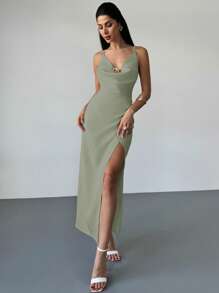 Firerie Women's Elegant Date, Vacation, Wedding Season Cross Back Slit Ruffle Draped Neck Sleeveless Metallic Accent Long Maxi Dress, Apricot - Mint Green - View 3