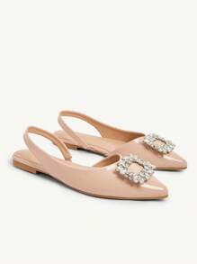 CUCCOO CHICEST Apricot Pointed Toe Rhinestone Decor Casual Flats, Elegant Lady Office Slip-On Shoes - Apricot - View 2