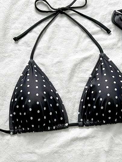 Swim Vcay Black & White Polka Dot Sexy Women's Halter Bikini Top For Summer Beach Vacation
