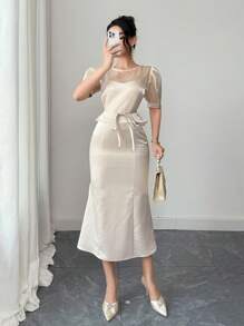 DAZY 2pcs Women Set: Patchwork Round Neck Blouse And Slip Dress