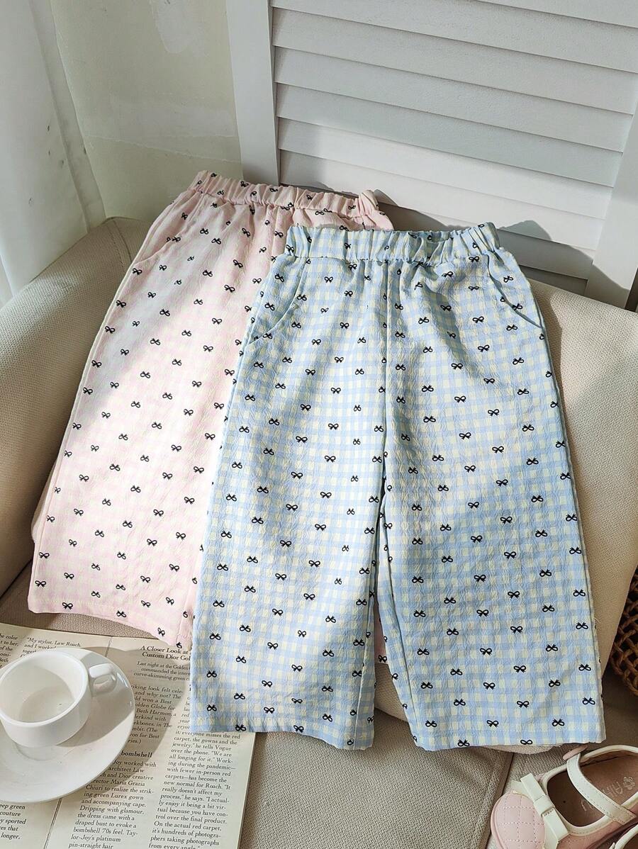 2-Pack Baby Girl Casual Versatile Plaid Bow Pattern Pants Suitable For Spring And Summer Daily Wear - Multicolor - View 1
