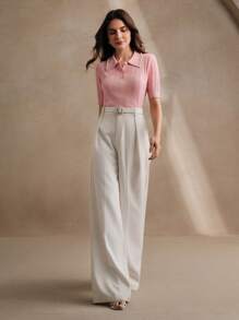 Anewsta Stylish Polo Collar Knit Top/Shirt, Elegant Modern Design, Summer - Pink - View 5