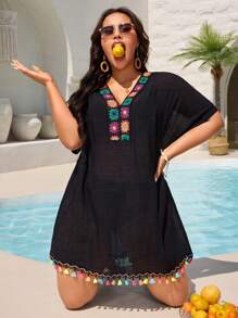 Swim Vcay Plus Size Women Colorful Floral Lace Patchwork V-Neck Sexy Casual Beach Cover Up,Beach Cover Up,Boho For Summer Beach Vacation - Black - View 7