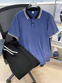 SHEIN 2件套青少年男童休闲舒适撞色 Polo 衫和短裤套装