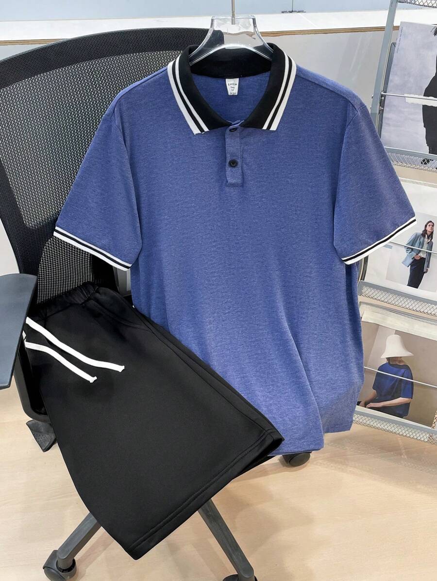 SHEIN 2件套青少年男童休闲舒适撞色 Polo 衫和短裤套装