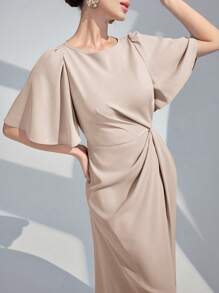 Modelyn 女士纯色圆领荷叶边短袖连衣裙长款晚礼服 - 杏色 - 查看 4