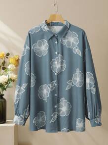 Lacomfia 2pcs/Set Plus Size Casual Printed Long Sleeve Loose Shirt And Elastic Waist Wide Leg Pants Set, Spring/Autumn - Dusty Blue - View 8