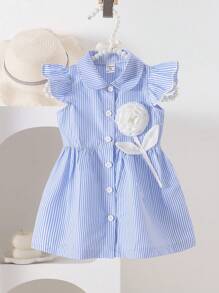 SHEIN Playful Pals 1pc Baby Girls Peter Pan Collar Ruffled Cap Sleeve Dress Cute Party Summer Blue And White Stripe Button Front A-Line High Waist 3D Floral Rose Print - Blue - View 3